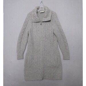 Saol Sweater Cardigan Large Gray‎ Merino Wool Cable Knit Fisherman Ireland Long